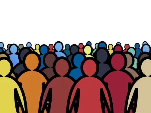 Värikäs joukko ihmishahmoja yhdessä grafiikassa.